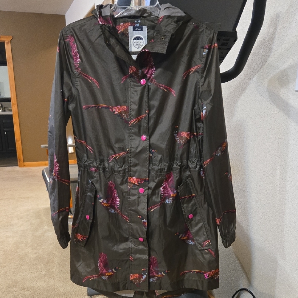 Joules Olive Trench Coat with Pink and Orange Bird Print